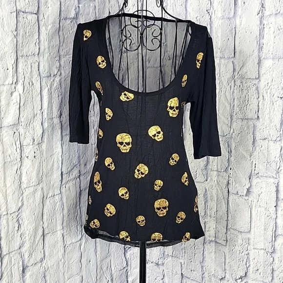 BLACK‎ GOLD SKULLS Semi sheer/Sheer Blouse - Picture 1 of 6
